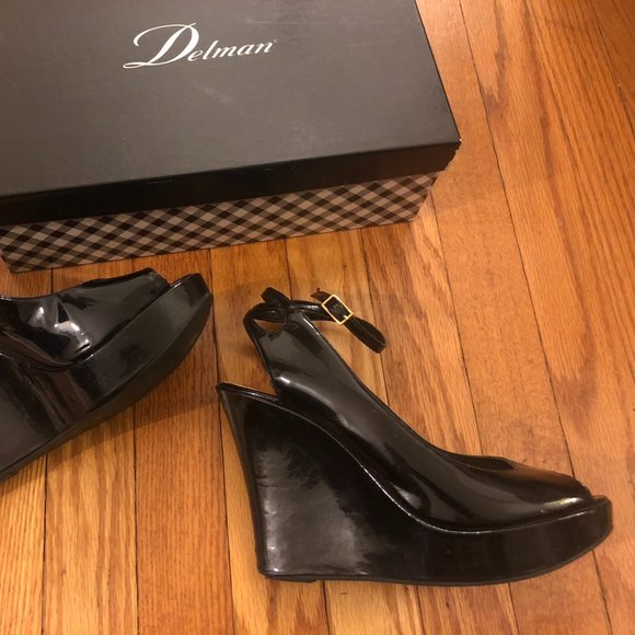 Delman Gigi Peep Toe Black Patent Wedge 9 - Picture 4 of 6